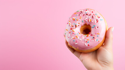 cropped view of woman holding tasty pink donut on pink background