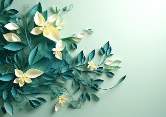 Fototapeta na wymiar Abstract 3D background with green flowers on a light green background