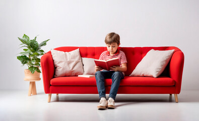 Obraz premium Little boy reading a book on the couch