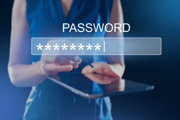 Password entry field. Woman enters access code into tablet. Cropped businesswoman near place for password. Security code for identification. Password for accessing data. Selective blurred