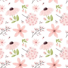 Seamless pattern with cute spring and delicate flowers, airy print for clothing, wrapping paper, background and cover in watercolor style.