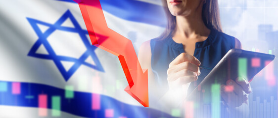 Investments in Israel. Business woman with tablet. Cropped investor near down arrow. Declining investments in Israel. Decrease in income companies Tel Aviv. Investor loses money invested in Israel.