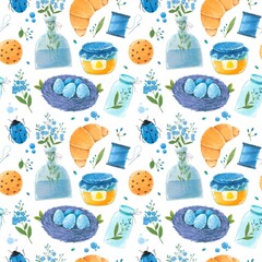  Seamless Easter pattern with spring flowers and insects in a blue tone. Bright and delicate watercolor print for children's clothing, backgrounds