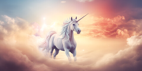 A magical unicorn in a gorgeous sky filled with fluffy clouds and rainbows. Imaginary setting, textured background surrounded by unicorn myth, background image, generative AI