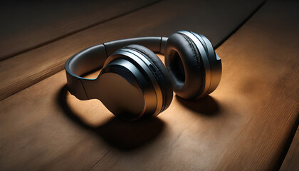 Future innovative gadget.Modern wireless headphones lie on the wooden surface.
