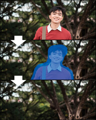 Photo editing and manipulation technique. Removing a man from the background photo. Before, and...
