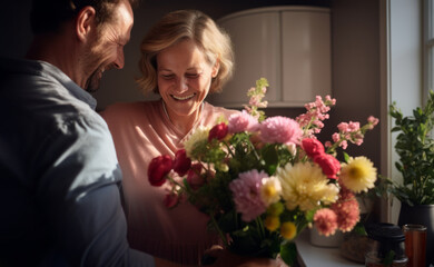 AI Generated Image. Smiling mature man surprising his wife with a bunch of flowers at home