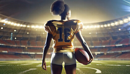american woman football player holding a football ball, American stadium background, Super Bowl Sunday.Rear view. - obrazy, fototapety, plakaty