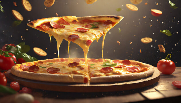Pizza and slices hovering in the air. the cheese will melt dripping from the slice of pizza.National Pizza day backdrop wallpaper.