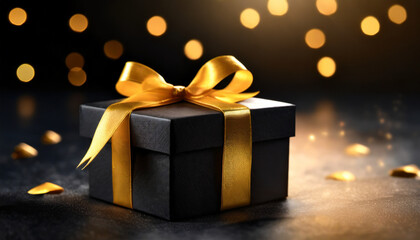 Black gift box on a black dark background, decorated with a yellow textured bow, creating a romantic luxury atmosphere. For Saint Valentines day presents.Copy space.