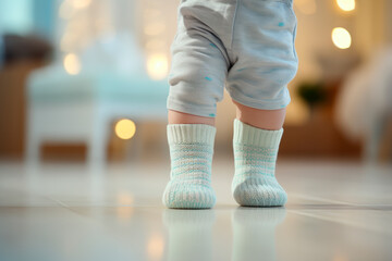 Cute little baby feet with socks, making first steps.