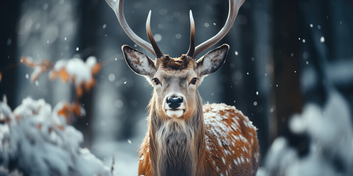 Generative AI image of a graceful deer in a snowy forest