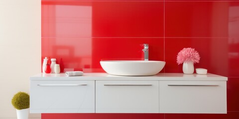 Fototapeta na wymiar A modern bathroom with a red sink, clean design, and luxurious elements, featuring chrome faucet and contemporary interior details.