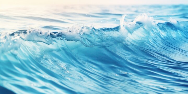 A powerful and beautiful image of a clear blue ocean wave breaking, capturing the energy and motion of the sea.