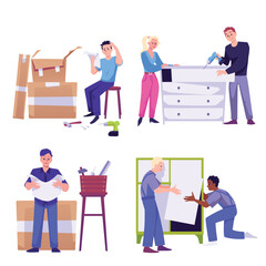 People assemble furniture, set of flat vector illustration isolated on white.