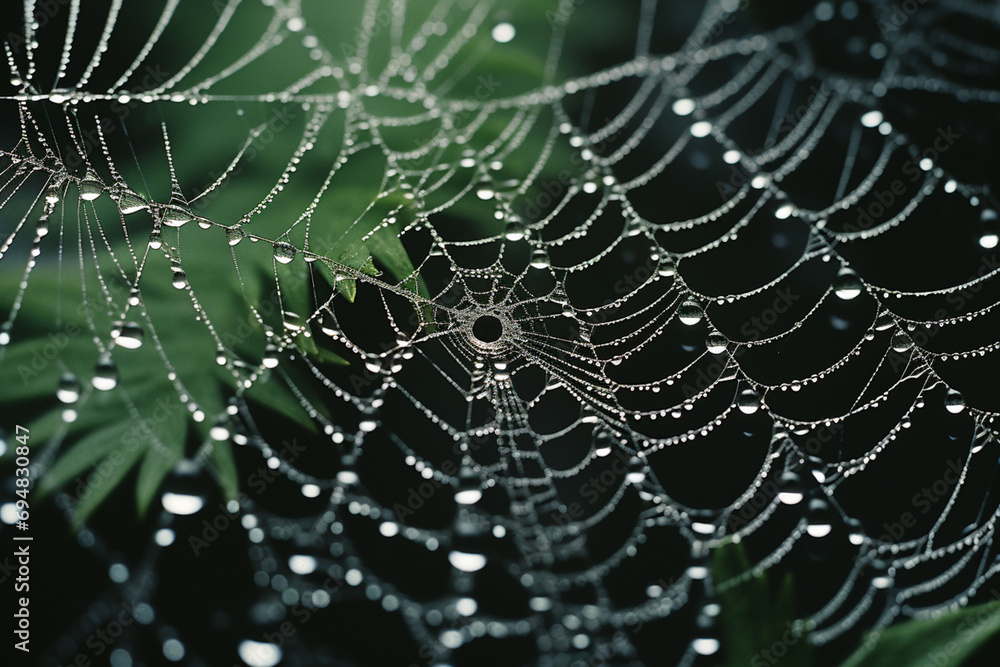 Aufkleber a hyperrealistic illustration of a dew-covered spider web, each droplet meticulously detailed and re