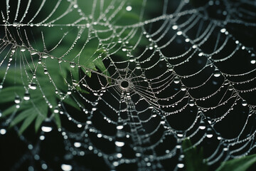 A hyperrealistic illustration of a dew-covered spider web, each droplet meticulously detailed and reflecting the surrounding environment.