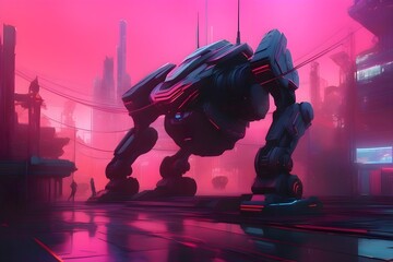 Robot landed in the city, futuristic background