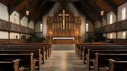 Interior of A Modern Church With Benches and A Large Wooden Cross On The Wall