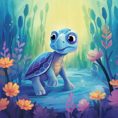 Tartaruga fofa no lago azul com plantas verdes - Ilustração Infantil colorida 2d