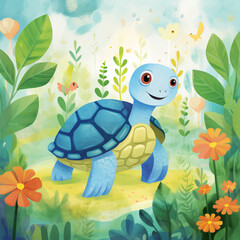 Tartaruga fofa no lago azul com plantas verdes - Ilustração Infantil colorida 2d