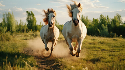 Hyperrealistic portrayal of a pair of horses galloping through a sunlit field, with flowing manes and powerful muscles rendered with precision.