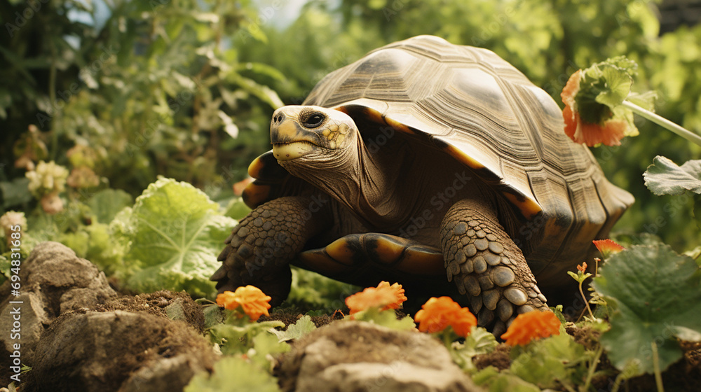 Poster Hyperrealistic depiction of a wise old tortoise tending to its garden, showcasing the patience and diligence embedded in its daily rituals.