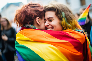 Generative AI image of a Joyful LGBT Couple Embracing