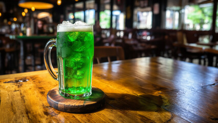 green beer on bar counter. Saint Patrick's Day concept