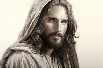 A serene pencil drawing of Jesus Christ as the Prince of Peace, with fine details and shading - obrazy, fototapety, plakaty