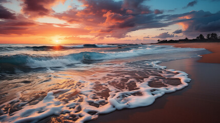 Obraz premium Closeup sea sand beach. Panoramic beach landscape. Inspire tropical beach seascape horizon. Orange and golden sunset sky calmness tranquil relaxing sunlight summer mood. Vacation travel holiday banner