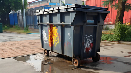 Grey Rubbish Container With Graffiti Tags 