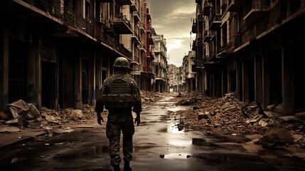 Infantryman during a special operation in bombed city.