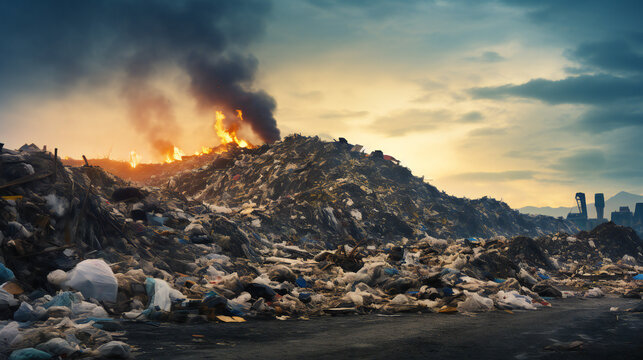 A Large Pile Of Rubbish Is Burning With Fire Flame And Smoke