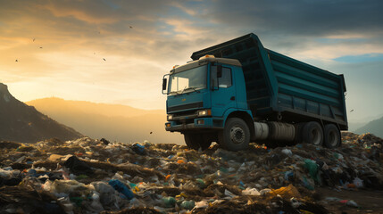 Garbage Truck Parked On The Pile Of Rubbish  - obrazy, fototapety, plakaty