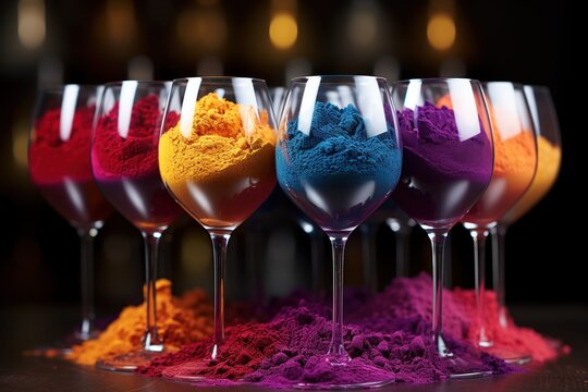 Wine glasses with settled powder, holi festival images hd