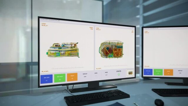 An Xray baggage inspection software is shown on multiple screens. Xray baggage inspection is searching through the baggage. Xray baggage inspection has identified the knife in the traveler’s bag. UI.