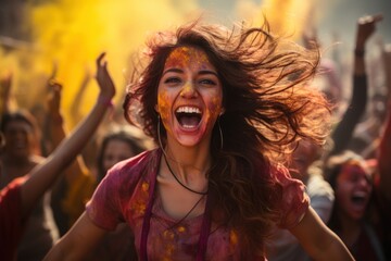 Colorful commotion spontaneous holi flash mob dance, holi festival images hd - obrazy, fototapety, plakaty