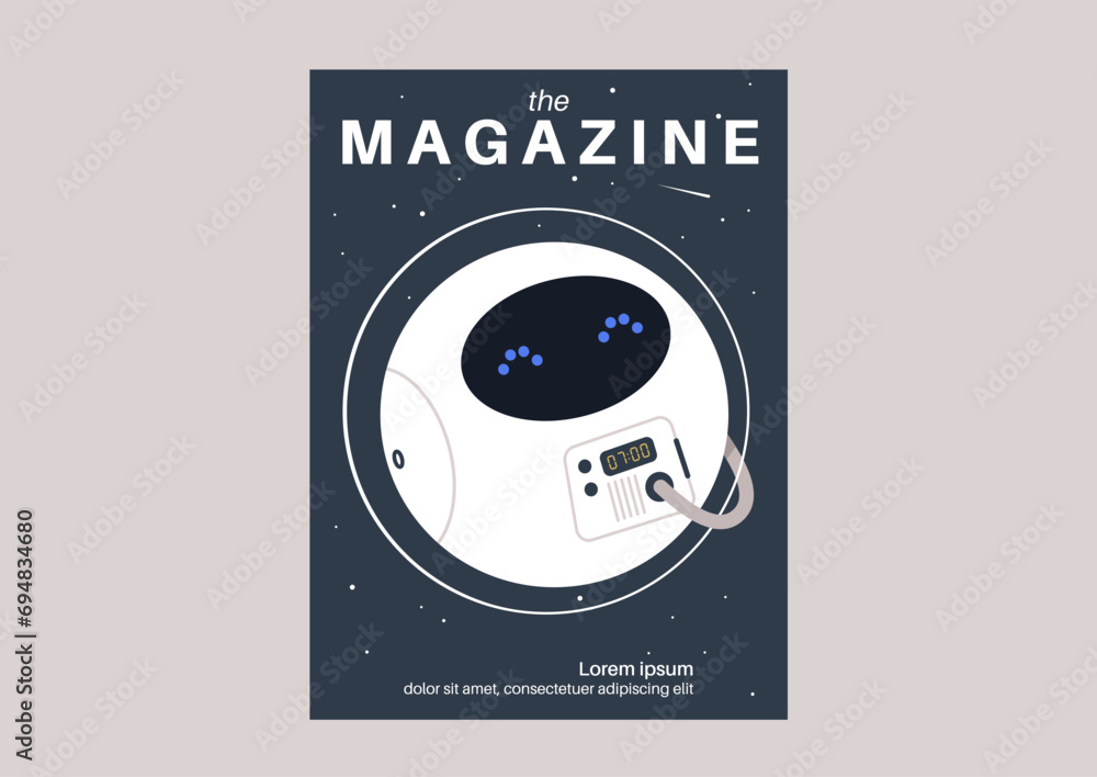 Wall mural a round astronaut robot wearing a spacesuit floating in outer space, a futuristic life concept