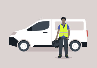 A young character in a repair worker uniform, adorned with a yellow high-visibility vest, lanyard, and polo shirt, carrying a bag of work tools in one hand, next to panel van in a side view © nadia_snopek