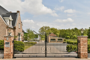 Entrance gate with brick pillars and lanterns