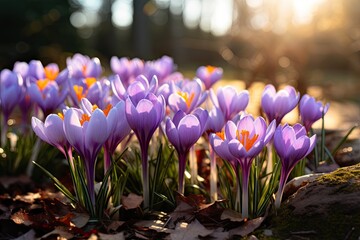 Freshly bloomed crocuses, vibrant purples, soft morning light, high detail