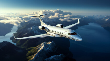 A White Private Jet Flying Above The Lakes and Mountains Of Switzerland 