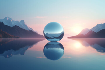 Landscape, graphic resources concept. Abstract and surreal background of glass mirror object placed in water. Futuristic and minimalist landscape view. Blue and pink pastel colored