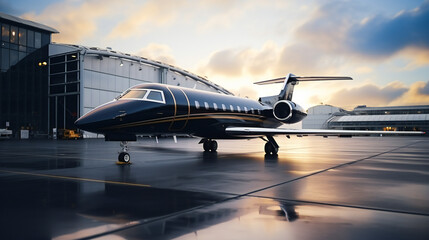 A Luxurious Black Private Jet Parked In The Airport 