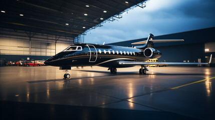 A Black Business Jet Parked In The Airport Hangar