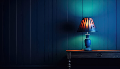 Lampshade lamp on table on blue wall background - Powered by Adobe