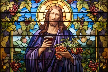 A stained glass design of Jesus as the Vine, with intricate patterns and colorful, luminous details.