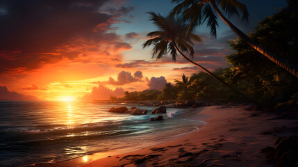 Fototapeta na wymiar stunning beach sunset scene with a warm golden glow