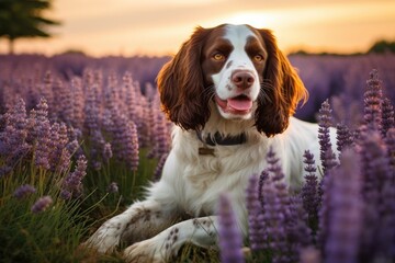 An English Springer Spaniel in a field of lavender
